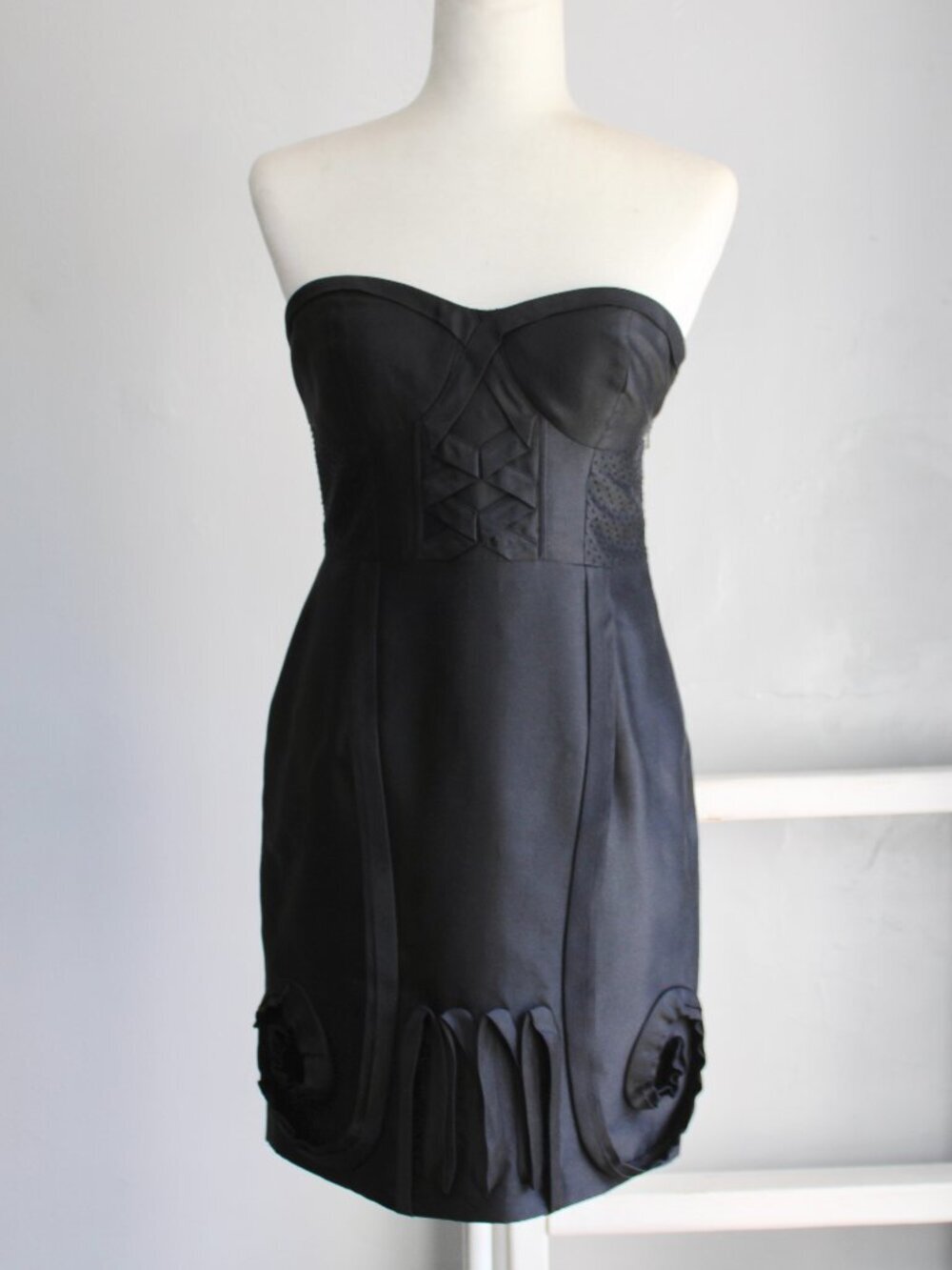 Leifsdottier Anthropologie Black Strapless Corset Satin Party Mini Dress Size 4